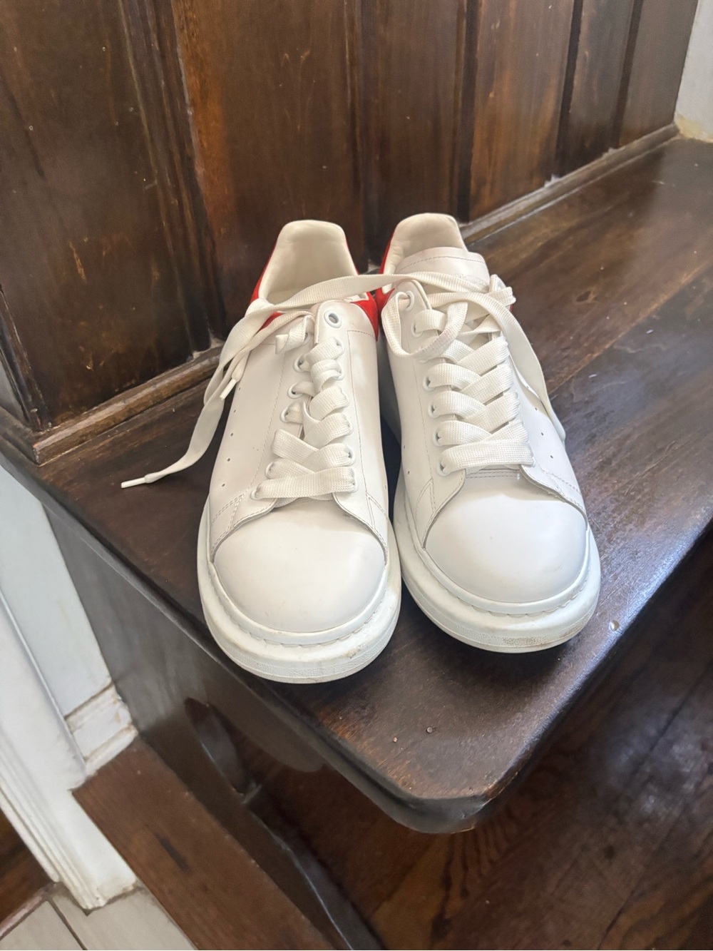 Alexander McQueen White Low-Top Sneakers with Red Heel Tab